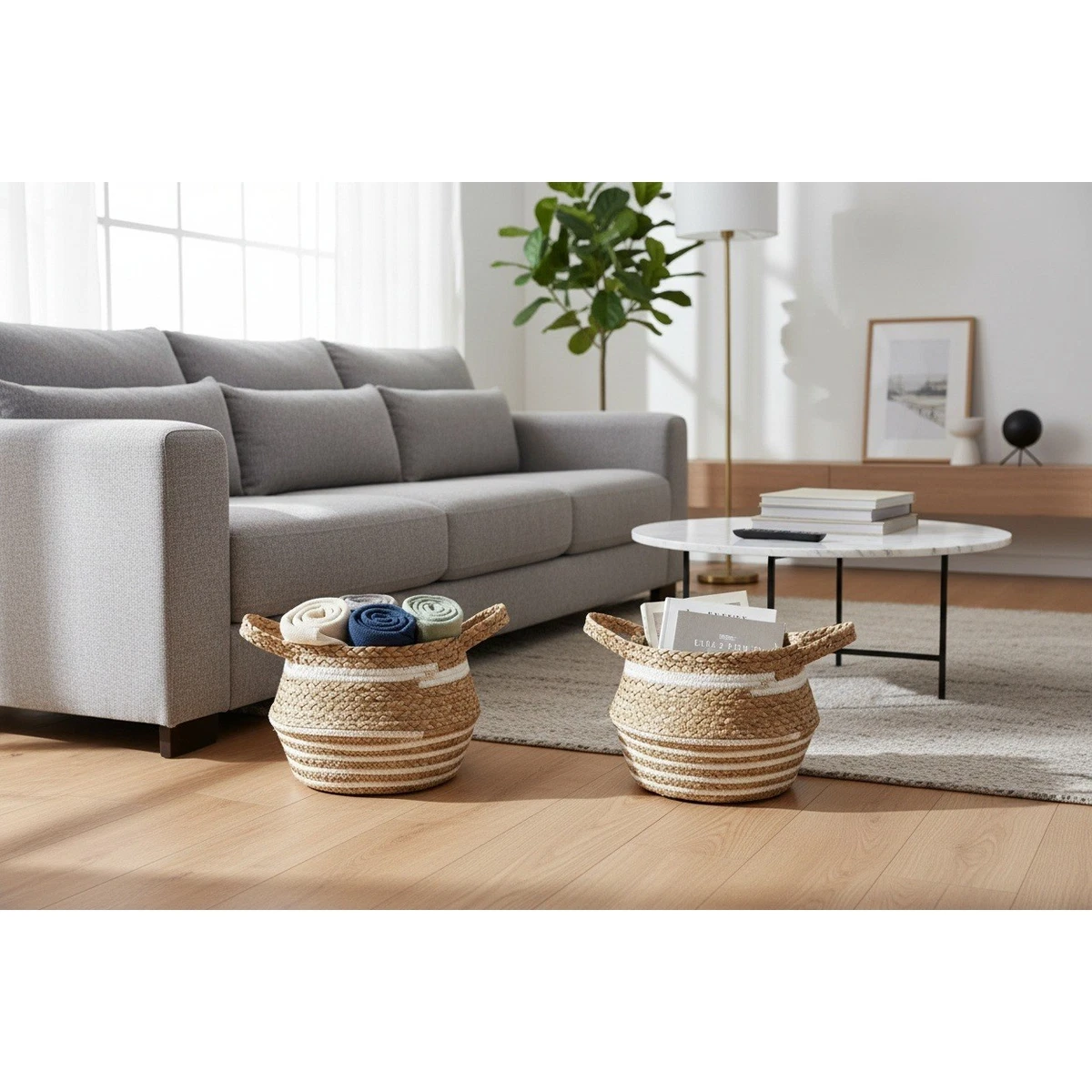 DII Cesta De Almacenamiento De Jacinto De Agua Natural (2 Unidades Tamaño Mediano: 28x23x18 Cm). Asas De Transporte, Tejido A Mano. Organizador Decorativo Para Hogar, Baño, Salón