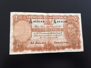 1952 10 shillings Banknote Coombs/Wilson First Prefix A75 F Very Scarce CV=$330