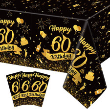 3 Pack 60th Birthday Plastic Tablecloth, 54x108 Inch Black Gold Disposable Recta