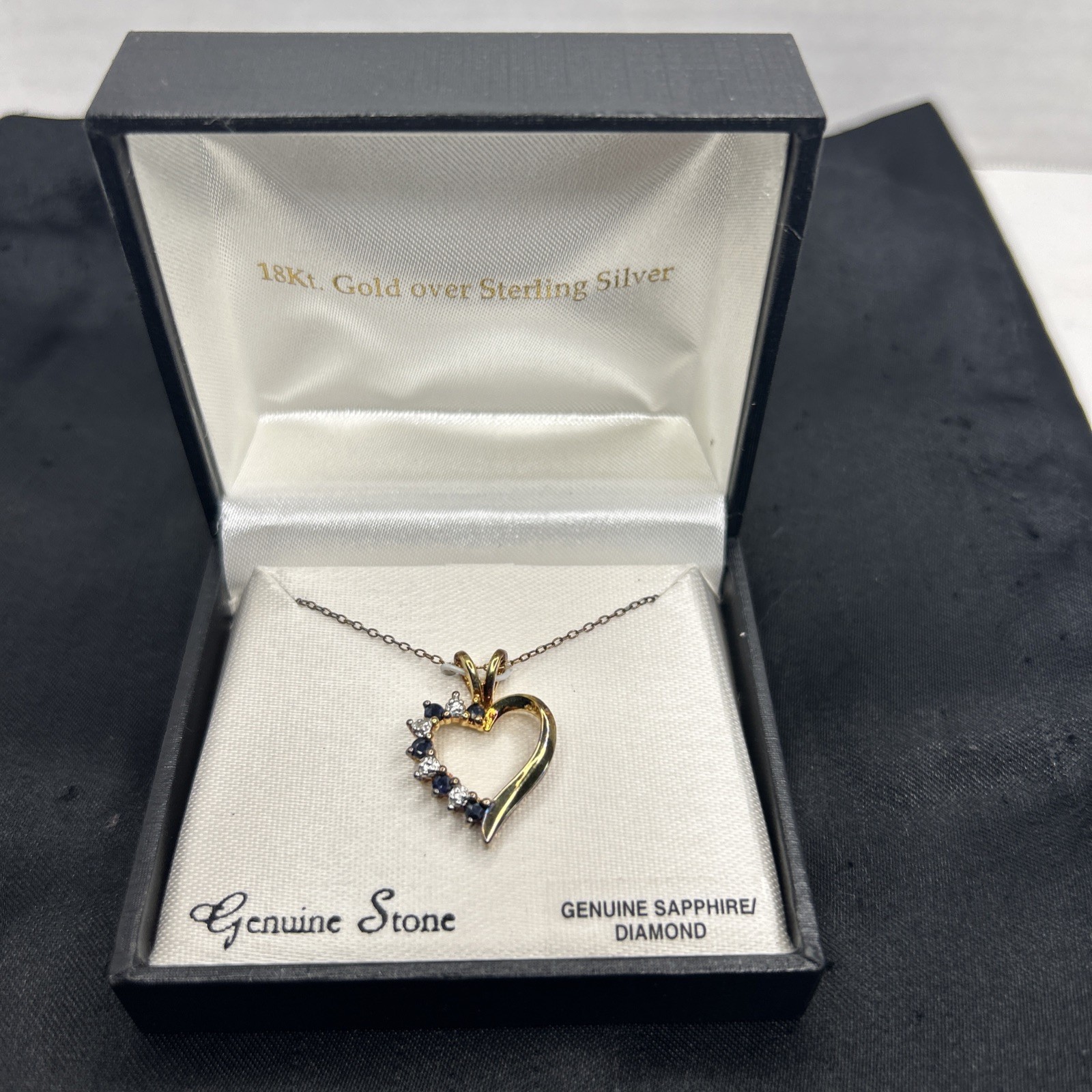 18k Gold Over Sterling Silver . Genuine Sapphire,Diamond Heart Pendant