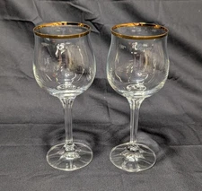 Bohemia Geneve 2 Water Wine Glass Goblet Ribbed Stems Gold Rim 7 1/4"