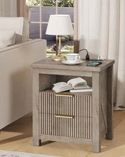 Fluted Nightstand, End Table with Charging Station and 2 Drawers, 1 Greige