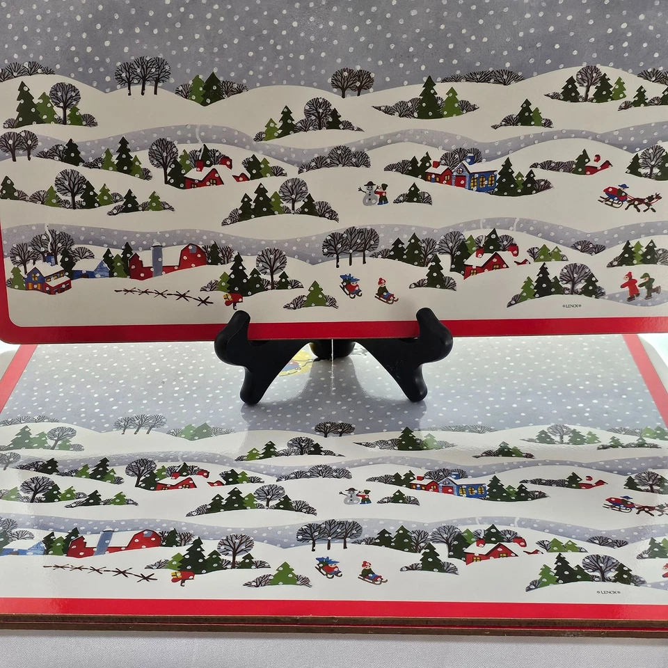 3 Lenox Sleighride Corkboard Placemats 15.7" snow houses sleds Santa reindeer vi - Image 3 of 4