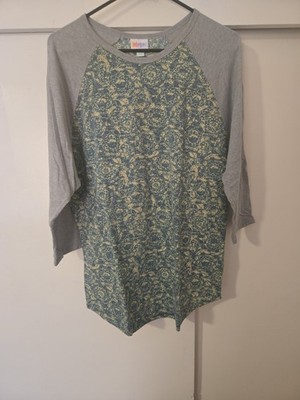 LulaRoe Randy 3/4 Sleeve Shirt- 2XL, Light Gray Sleeves w/ Blue & Cream Body
