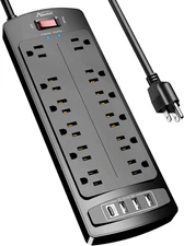 Power Strip,  Surge Protector with 12 Outlets and 4 USB Ports, 6 Feet Extension 