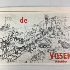 Uganda QSL Radio Card 1956 W.K. Campling Kampala Stamp Cartoon Train Railway