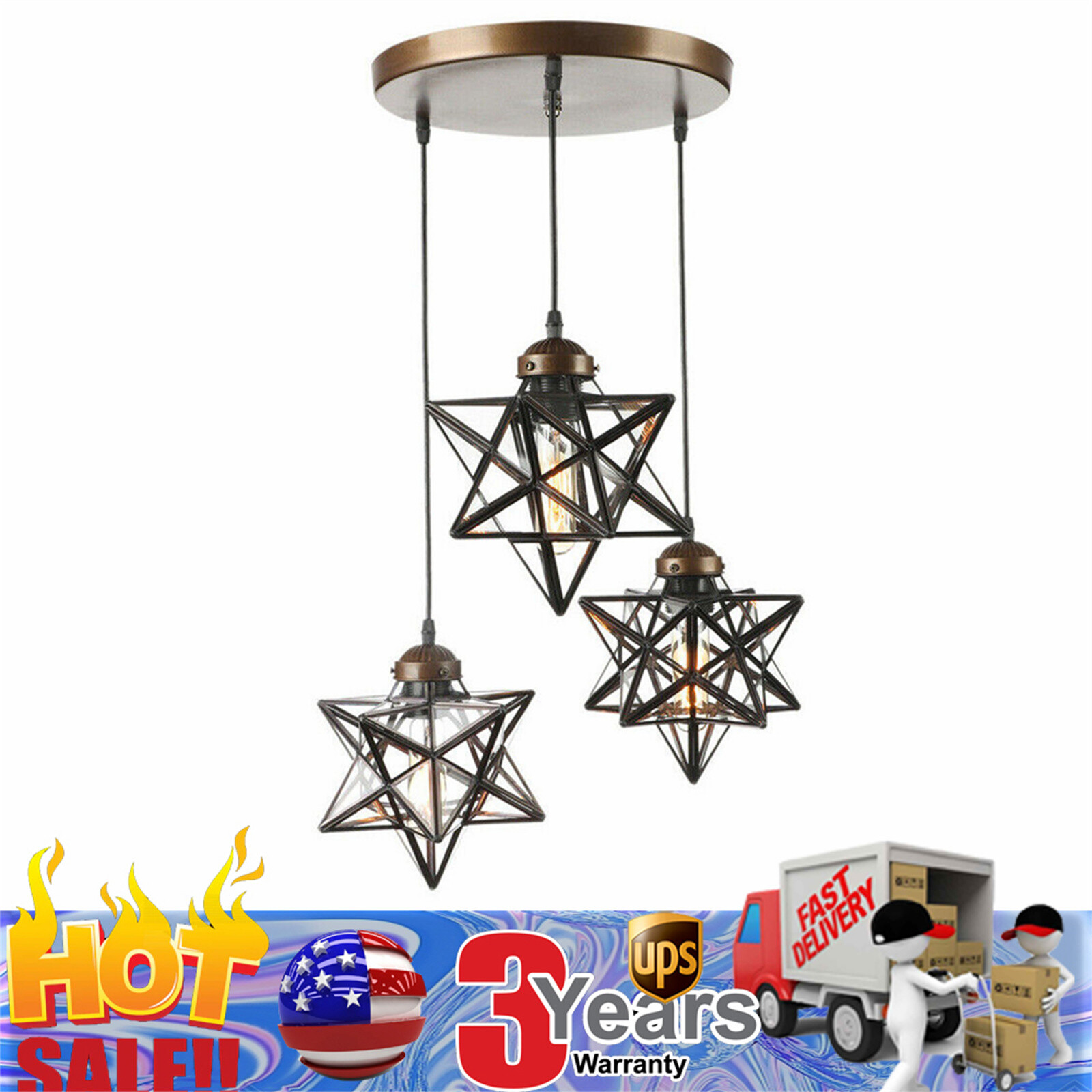 3-Light Moravian Star Glass Pendant Chandelier Light Modern Ceiling Fixture Lamp