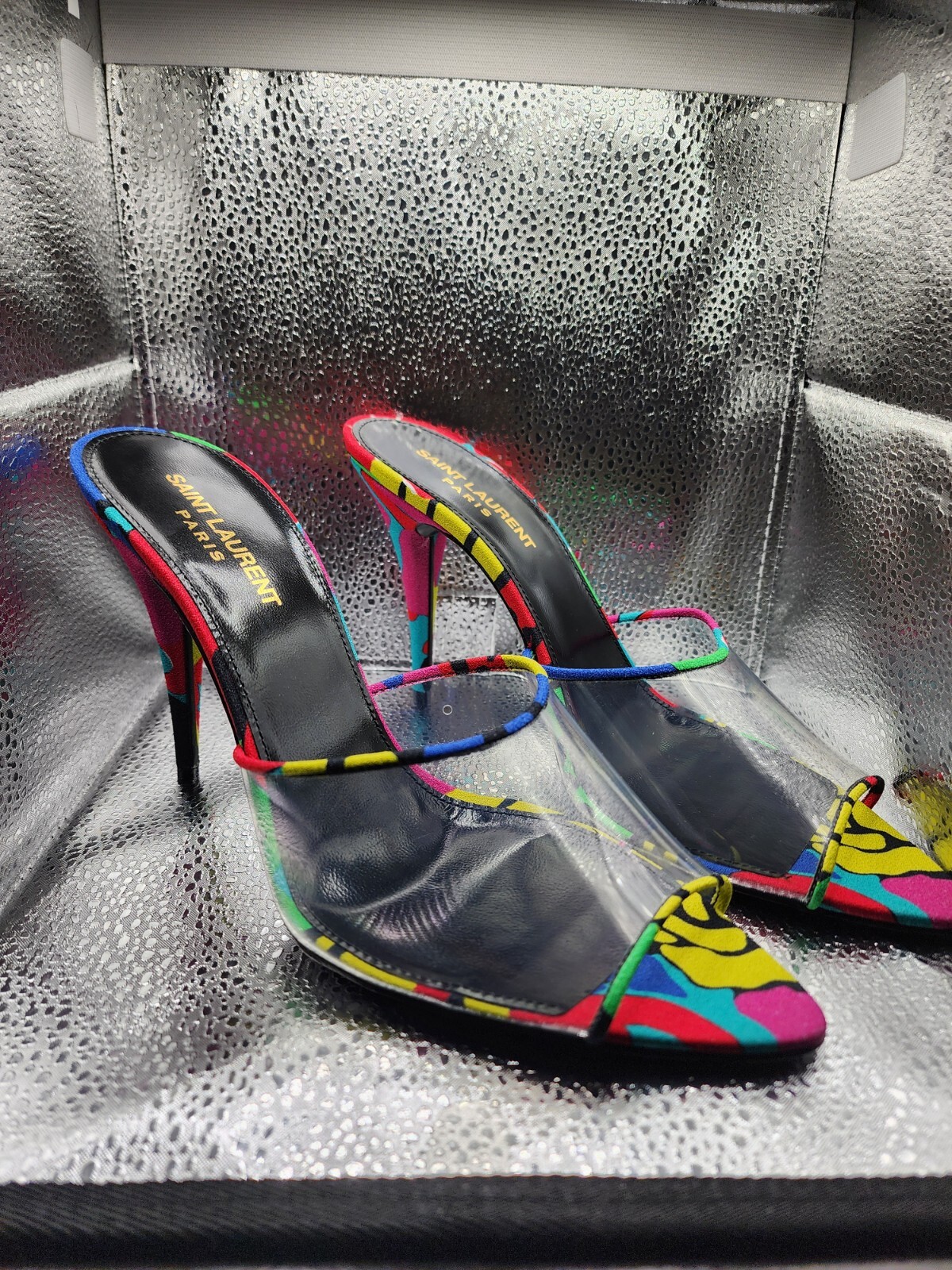 Sandalo mulo trasparente YSL Saint Laurent Lolita stampa floreale taglia 39 Eu 8 5 US