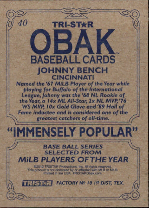 2010 TRISTAR Obak #40A Johnny Bench - NM-MT - Image 2 of 2