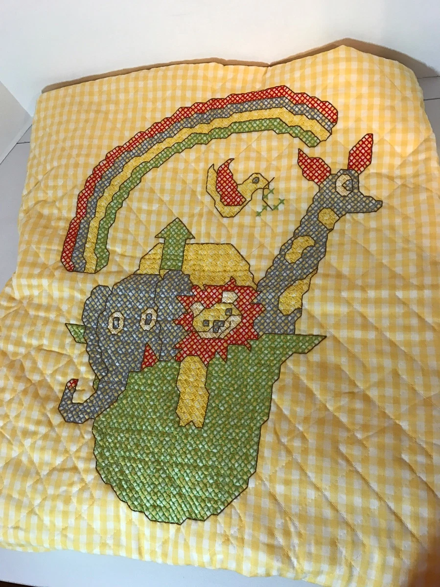 Completed Cross Stitch Baby Quilt Noah s Ark Yellow Rainbow Animals Blanket