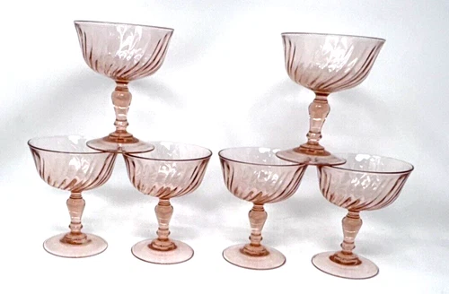 VINTAGE ROSALINE PINK SWIRL X CRISTAL D'ARQUES-DURAND 6 CHAMPAGNE / TALL SHERBET