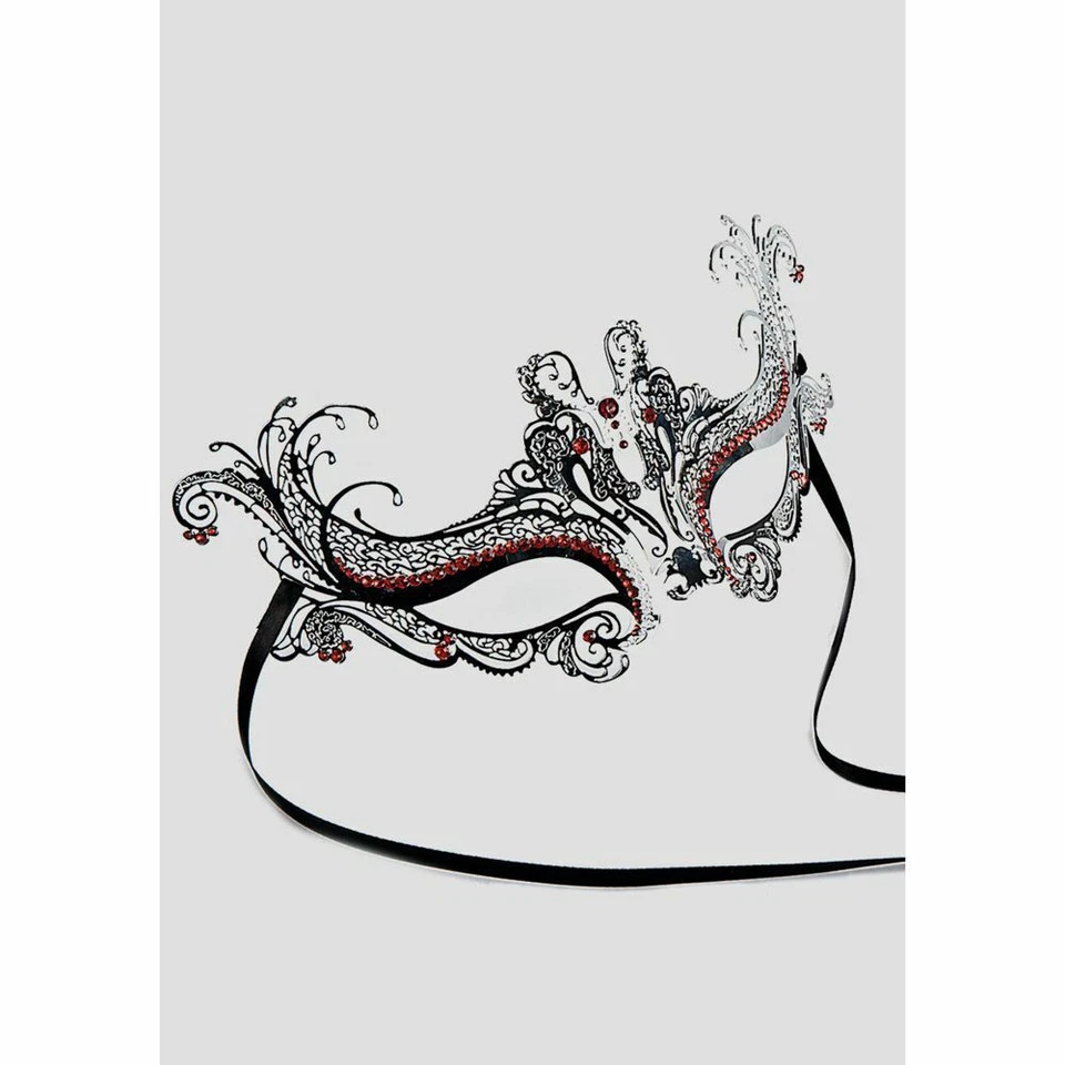 00732-1 MASCHERA ARGENTO IN METALLO C/STRASS ROSSI CARNEVALE HALLOWEEN - Immagine 2 di 2