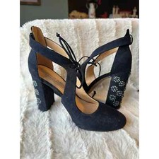 Badgley Mischka Floral Rhinestone Block Heels Sz 6 American Glamour Navy EUC sb