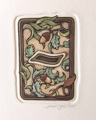  Acorn Hyphen  signed HandWatercolored etching from Alice Scott Alphabet Series.