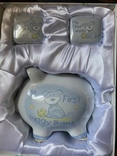 NIB Blue Dog Baby  s First Piggy Bank Tooth Curl Hair Photo Box Keepsake Set