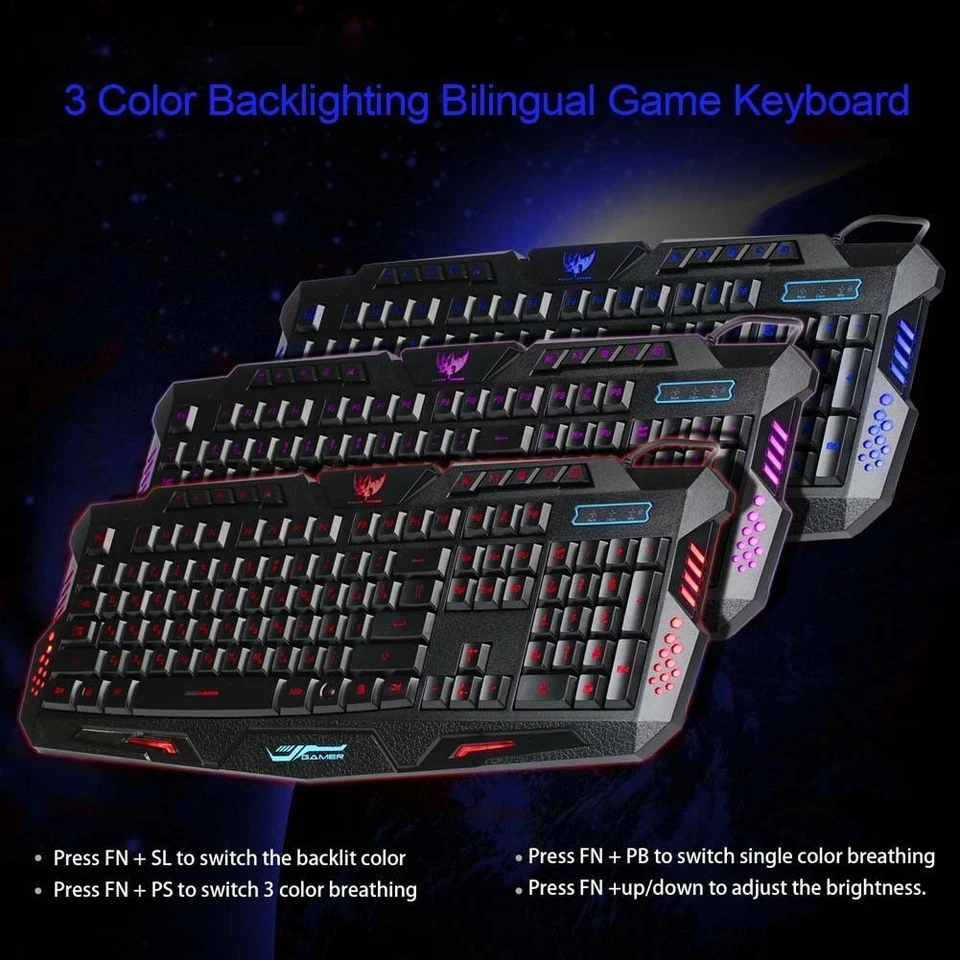LED Wired PC Computer Gaming Keyboard & Mouse Set Mechanical Feel Light Backlit - Image 3 of 4