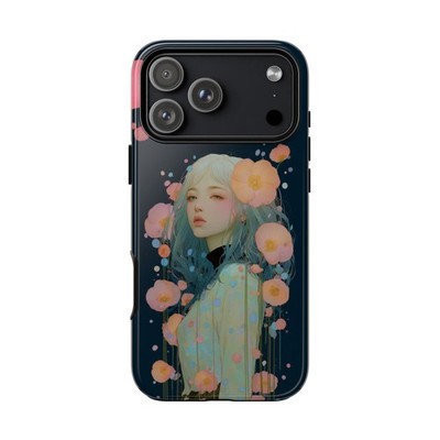Japanese Teal Girl Pink Floral | Tough Phone Case | iPhone, Samsung, Pixel