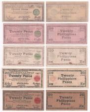 5 pcs. US Philippines 20 Pesos FREE NEGROS WW2 Emergency Currency 1943-1945