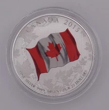 2015 Canada $25 Canadian Flag Silver Coin, with colorized flag