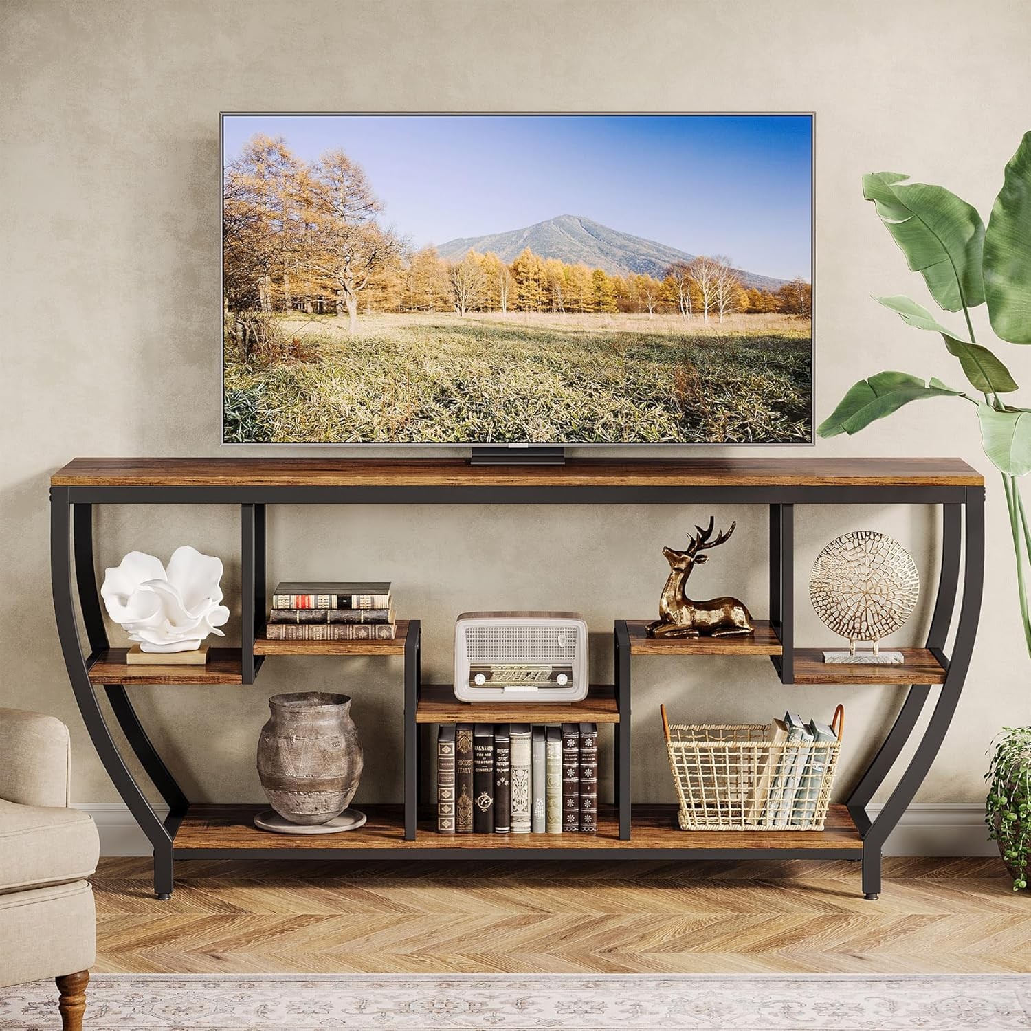 For Televisions Up To 80 Inches, Wood Tv Media Console Table Unit-brown