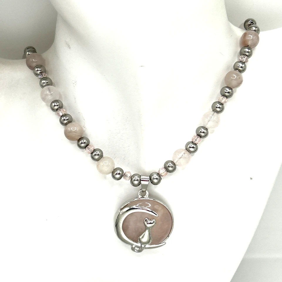 18英寸(+2英寸)正品玫瑰石英猫新月吊坠串珠项链 — 第 4/4 张图片
