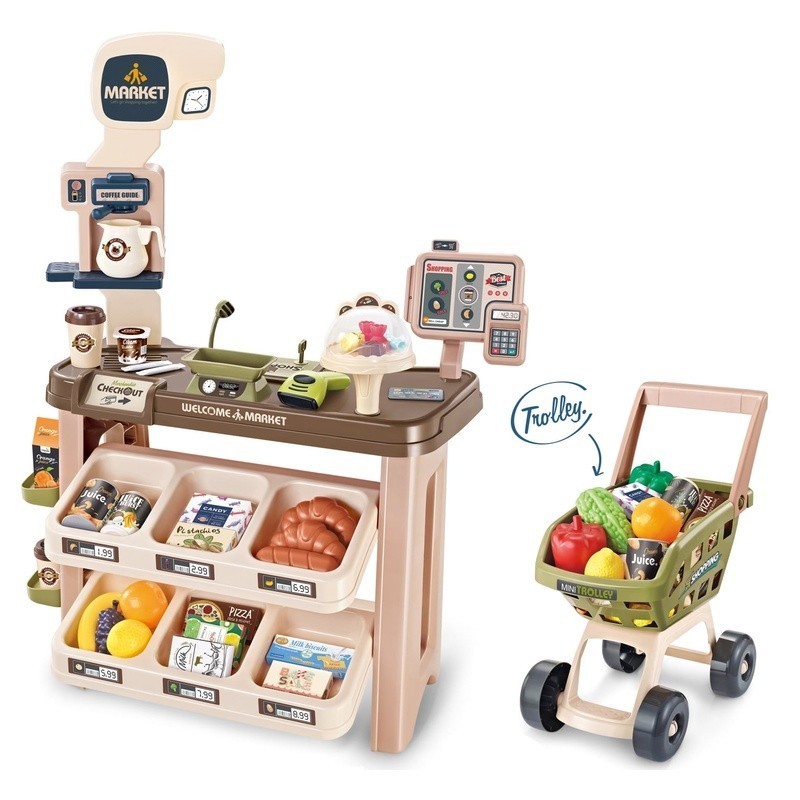как выглядит Supermarket Playset Kids W/ Cash Register Shopping Cart 64 Play Food Pieces US фото