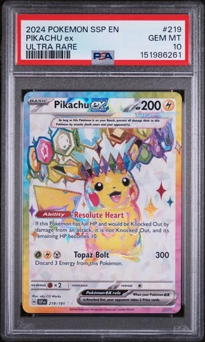 2024 POKEMON SSP EN-SURGING SPARKS ULTRA RARE #219 PIKACHU EX PSA 10