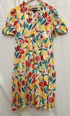 EUC Donna Morgan Citrus Print Midi Dress 16 Lemon Fruit Tiered Cottagecore