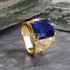 Blue Sapphire Emerald Cut With 925 Sterling Silver Gold Plated Ring For Men #13