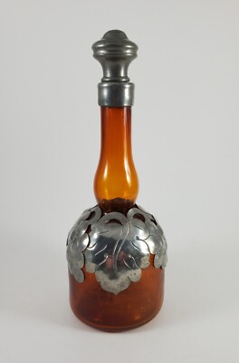 Vintage Danish Amber Glass Decanter Silver Collar HVH Hans Vilhelm Hansen(?) MCM