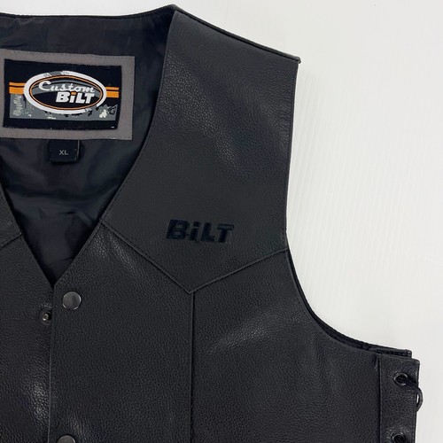 Custom Bilt Button Down Black Leather V Neck Motorcycle Biker Vest Top Mens XL - Picture 3 of 4