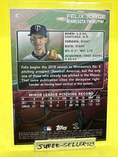 2018 TOPPS STADIUM CLUB - FELIX JORGE / Minnesota Twins - #82 ROOKIE CARD / RC - Bild 3 von 3