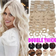 US CLEARANCE Thick Human Hair Extensions Clip In Double Weft Remy Wavy White 20"