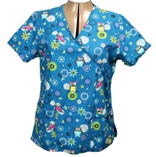 SB Scrubs V Neck Owl & Floral Print Faux Wrap Top Pockets Blue Multicolor S
