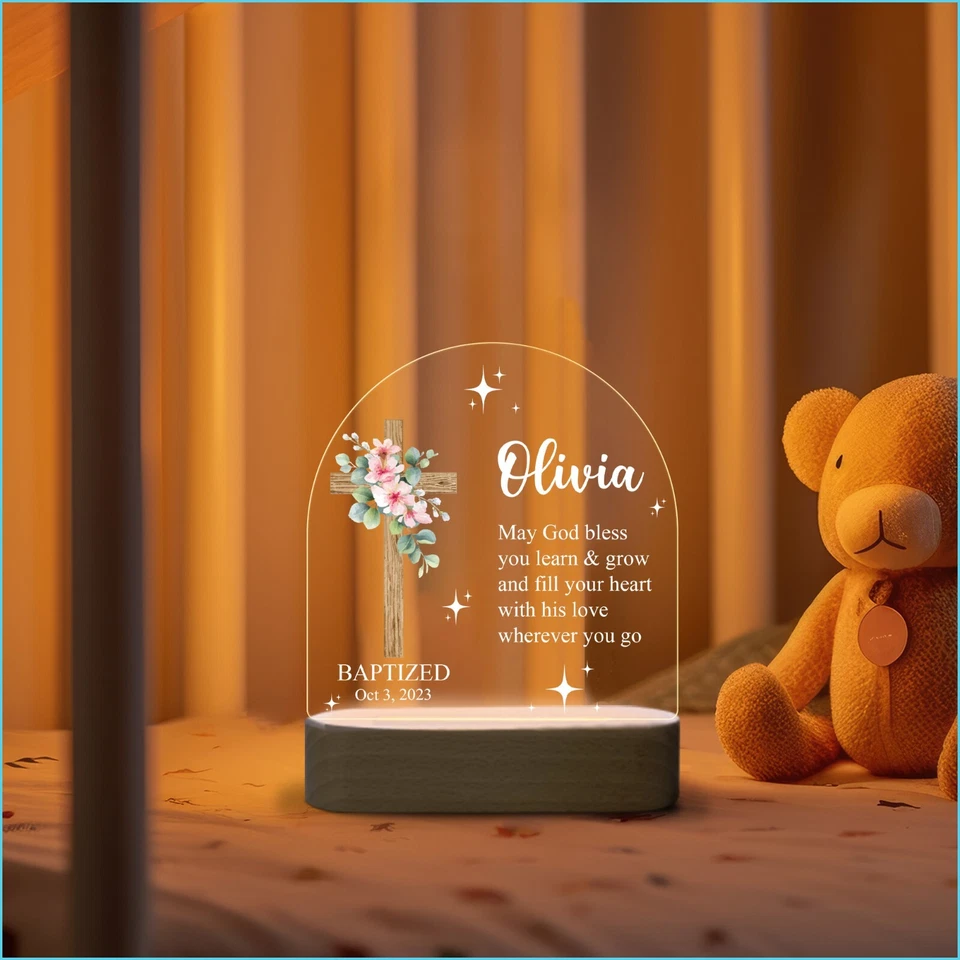 Luz de noche de cruz de oración, lámpara de noche de bautizo regalo para niño niña Foto 4 de 4