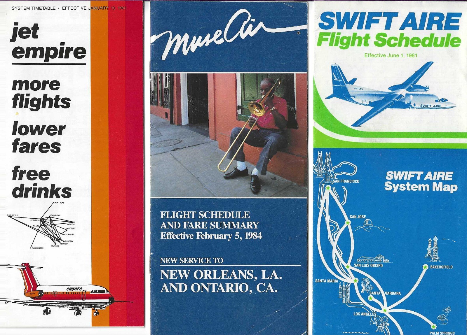 Airline schedules - Jet Empire, Swift Aire, Muse Air.