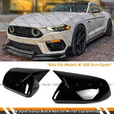FOR 2015-23 FORD MUSTANG M STYLE GLOSS BLACK SIDE MIRROR COVER CAPS W/ LED LIGHT