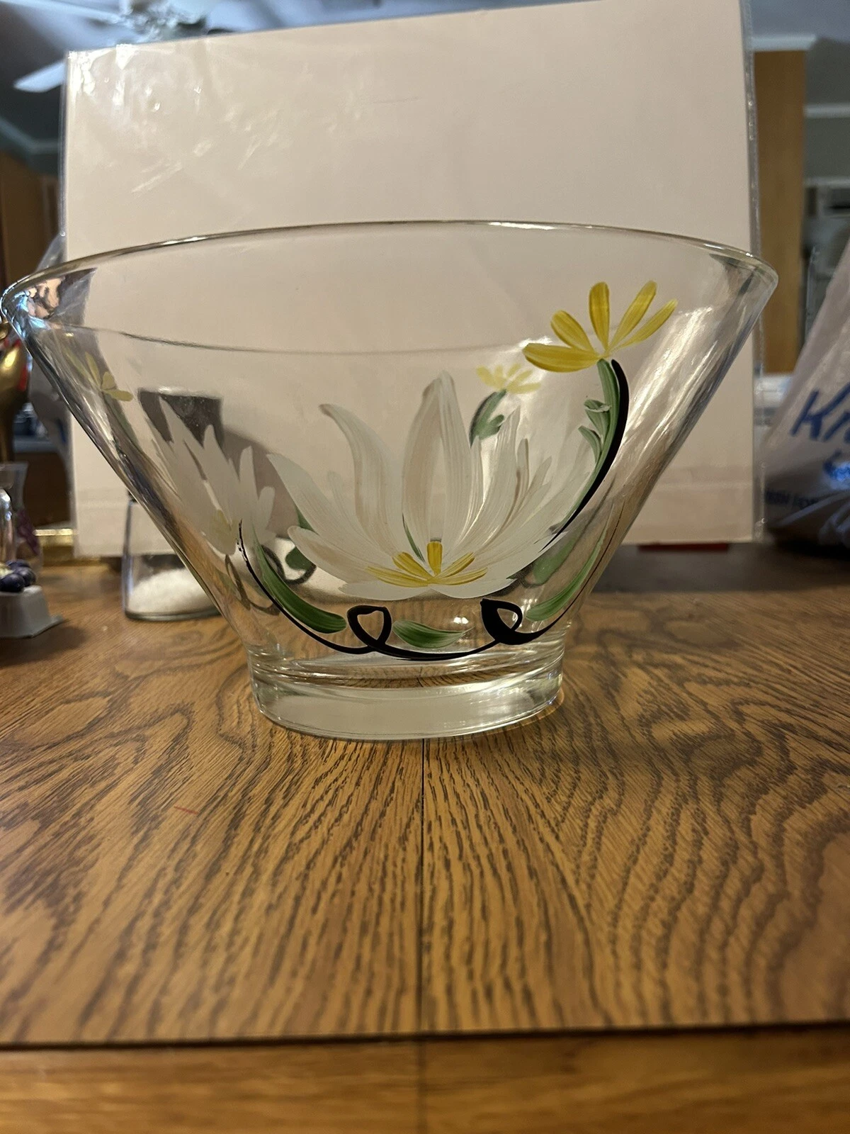 Hand Painted Country Flower Large Glass Mixing Serving Bowl Salad Display Bowl