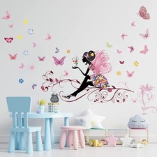Supzone Butterfly Girl Wall Decal Flower Fairy Wall Sticker Colorful Butterfl...