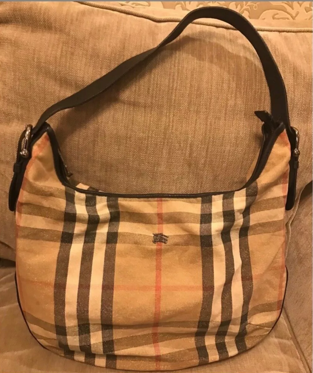 BURBERRY SHIMMER Nova check canvas leather trimmed hobo bag