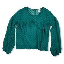 Merona Womens Green Balloon Sleeve Sheer Blouse L/S Shirt Size XS Keyhole Back