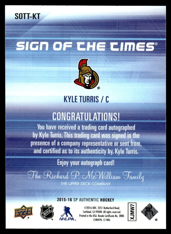 2015-16 SP Authentic Sign of the Times Kyle Turris Auto Ottawa Senators #SOTT-KT - Image 2 of 2