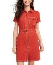 Ultra Flirt Womens XXS Red Ochre Short Sleeve Button Up Above Knee Shirt Dress