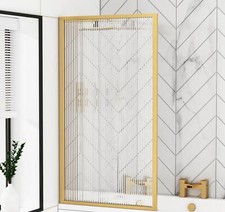 Bath Shower Fixed Fluted Screen Brushed Brass Frame 5mm Tempered Safety Glass