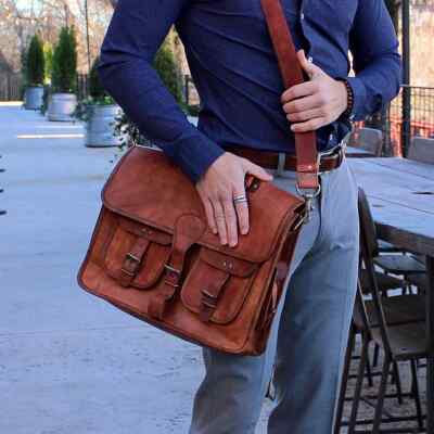 18'' Men's goat leather real messenger satchel bag Flapover brown laptop briefcas