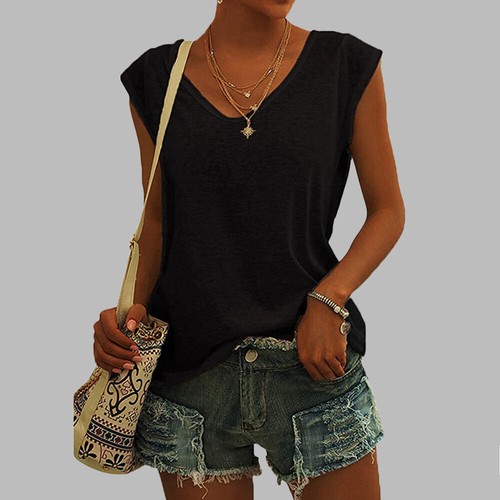 Womens V-Neck Tank Tops Summer Sleeveless Casual Loose Plain T-Shirt Cami Vest - Picture 9 of 24