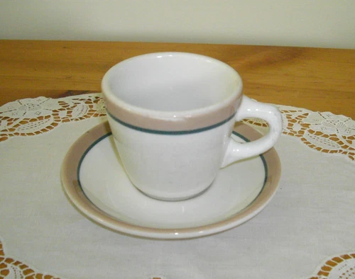Vintage Syracuse China RESTAURANT GREEN + TAN STRIPES Coffee Cup + Saucer