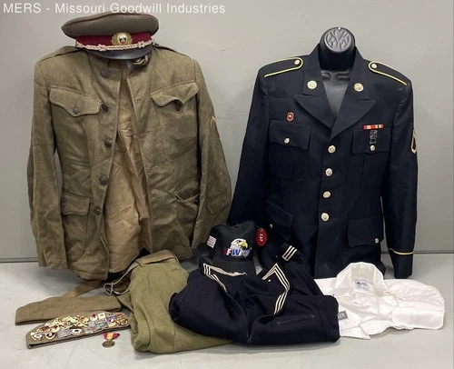 Lot Of 9 Military Uniforms Badges Hats Pins Soviet US Army Navy WW2 Vietnam