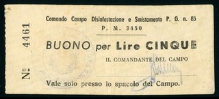 ITALY BRINDISI Prisoner of War Currency 5L Field Command Disinfestation/Sorting