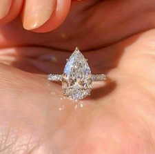 3.Ct Pear Cut Lab Created Diamond Solitair Engagement Ring 14k White Gold Plated